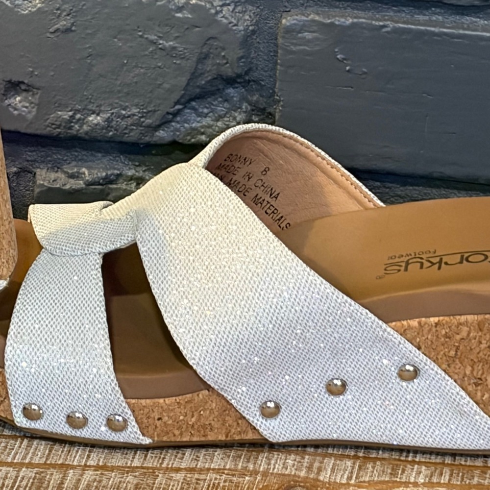 Corkys Bonny Womens White Shimmer Studded Cork Wedge Platform Slide Sandals 8 - Picture 5 of 7